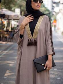 Calvaya Women's Oversized Gold Lace Trim & Patchwork Dress - Coffee - View 3
