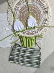 Swim Vcay New Green 3pcs Triangle Halter Neck Women Swimwear Set - Green - View 5