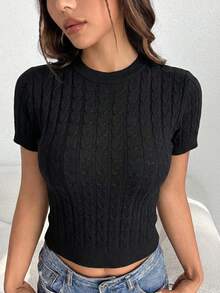 Top de punto para mujer, tejido acanalado con mangas cortas, diseño ajustado, cuello redondo, estilo casual y elegante, ideal para el colegio o looks de oficina, outfits urbanos y looks cómodos - Negro - Ver 3