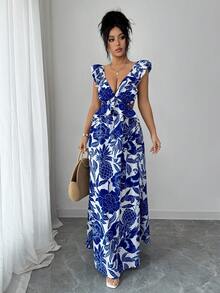 Elenzga 女士优雅无袖A字型蓝白碎花连衣裙，收腰设计，适合海滩、旅行、度假穿着 - 藍白色 - 查看 5