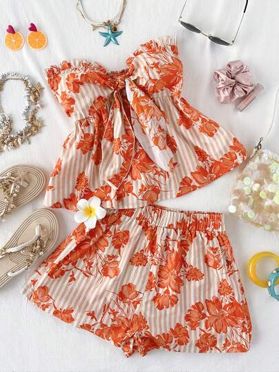 Soleia Women's Floral Print Knotted Front Bandeau Top And Shorts 2 Piece Vacation Set