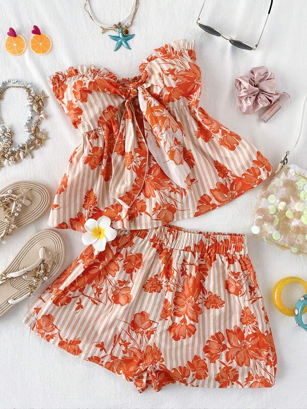 Soleia Women's Floral Print Knotted Front Bandeau Top And Shorts 2 Piece Vacation Set