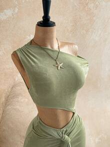 Soleia Spring/Summer New Casual Vacation Western Beach Wedding Guest Attire Graduation Brunch St. Patrick's Day Spring Break Easter Music Festival Elegant Bohemian Tropical Chic Waist Cutout Date Party Ruffle Asymmetric Neck Metal Decor Women Mini Dress Vintage Outfit For Women - Green - View 6