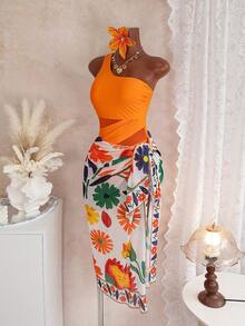 SHEIN Swim Oasis Swim Oasis New Arrival Elegant 2pcs Bikini Set, Orange Sexy Sheer Mesh Panel One Shoulder Cutout One-Piece Swimsuit With Vibrant Tropical Floral Print Sheer Chiffon Sarong Cover Up Set,Maxi/Long Skirt/Dress, Summer Beachwear Featuring Sunflower, Green Leaf, Lotus & Exotic Tropical Plant Patterns, Pool Party Outfit, Resort Vacation Essentials, Boho Chic Bathing Suit, Matching Sheer Wrap Skirt, Bold Floral Pattern, Poolside Fashion, Summer Beach Vacation Fashion Essentials - Multicolor - View 7