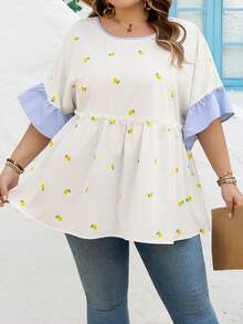 SHEIN CURVE+ Curve 尺码 US22 音乐节、海滨度假、波西米亚风女士休闲度假条纹V领拼接柠檬印花A-List Doll衬衫 - 彩色 - 查看 5