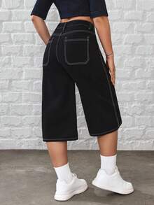 SHEIN Tall Women's High Waist Pockets Loose Casual Wide Leg 7/8 Length Jeans - Black - View 2