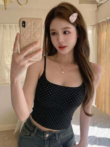 DAZY 女士波点修身休闲吊带背心 - 黑與白 - 查看 4