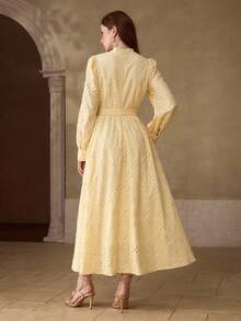 MOTF PREMIUM Đầm nữ Schiffy thanh lịch, màu trơn, có thắt lưng, thích hợp cho mùa xuân/thu. - Màu vàng - Xem 3