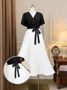 SHEIN LUNE SHEINLUNE 大码女式彩虹褶皱V领灯笼袖系腰连衣裙 毕业礼服 婚礼宾客礼服 女士度假装 女士沙滩装 节日连衣裙 生日礼服 女士骄傲日礼服 - 黑與白 - 查看 8