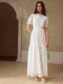 MOTF PREMIUM 2026 SUMMER WOMEN'S JACQUARD EMBROIDERED HOLLOW-OUT WAIST CINCHED DRESS - White - View 5