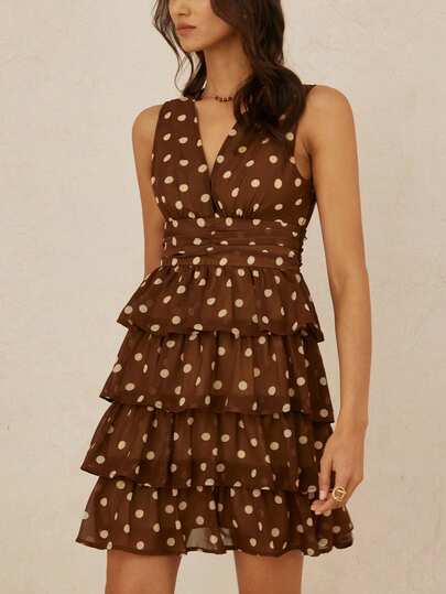 Aveloria Rosie Elegant Chiffon Polka Dot Deep V Waist Pleated Layered Sleeveless Mini Dress, Romantic For Dating And Vacation