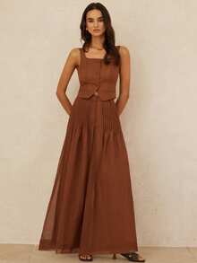 Aveloria Rosie 简约休闲大方优雅女士通勤度假复古高端背心上衣搭配宽松褶裥阔腿裤，女士两件套 - 棕色 - 查看 4