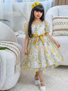 Vestido con cuello cuadrado de malla bordada, mangas de pétalo y cinturón para fiesta de cumpleaños de vacaciones de verano de niña joven - Amarillo - Ver 1