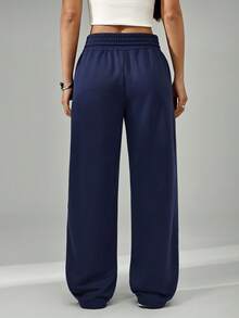 SHEIN PETITE Navy Blue Straight Loose Casual Sweatpants - Navy Blue - View 2