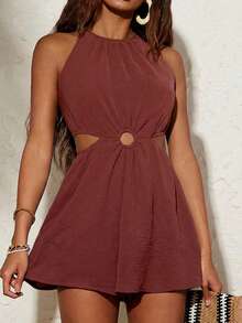 Travachic Bộ áo liền quần nữ mùa hè kiểu dáng tối giản, màu trơn, cổ yếm khoét eo, thích hợp cho kỳ nghỉ biển. - Gỗ đỏ - Xem 1