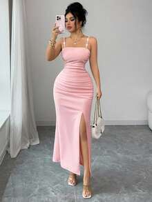 Elenzga Nuevo vestido elegante y sexy para mujeres con diseño de cuentas, tirantes finos, textura de punto y fruncido, con abertura, para citas y uso casual - Rosa - Ver 7