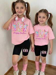 Conjunto de camiseta y pantalones cortos con estampado de conejito de Pascua para niña - Multicolor - Ver 1