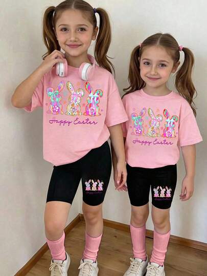 Young Girl Easter Bunny Print T-Shirt And Shorts Set