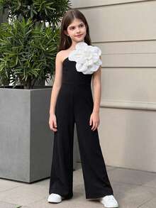 SHEIN Nova Glow 少女休闲优雅黑色不对称肩部修身简约3D立体花卉装饰连体裤，适合派对、聚会、婚礼、春夏等场合。 - 黑色 - 查看 3