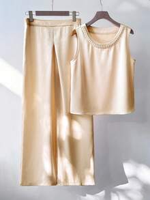 Lyxana 女士圆领珍珠装饰无袖休闲背心和高腰宽松阔腿直筒裤缎面两件套，日常穿着 - 彩色 - 查看 3