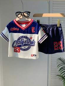 SHEIN 2 pièces/Set Ensemble de jersey sport décontracté unisexe pour bébé garçon/fille, Top tricoté à manches courtes, vêtements de bébé printemps/été, tenues - Bleu azur - Voir 7