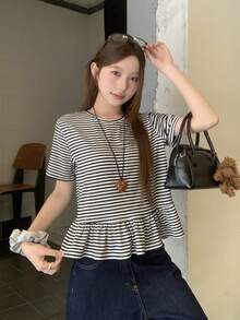 DAZY Women's Loose Fit Ruffle Hem Black & White Striped Long Sleeve T-Shirt, Minimalist Design - Black - View 3