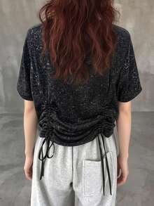 FRIFUL Camiseta holgada y versátil de manga corta con cordón, a cuadros, para mujer, primavera/verano - Gris Oscuro - Ver 2