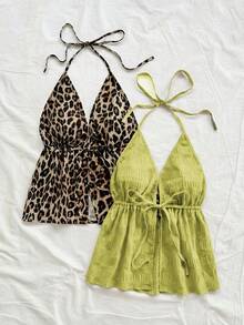 Soleia 2pcs Sexy Leopard Print Halter V-Neck Backless Tie Strap Textured Fabric Camisole, Suitable For Holiday, Date, Afternoon Tea, Vacation, Music Festival, Boho Style - Green - View 3