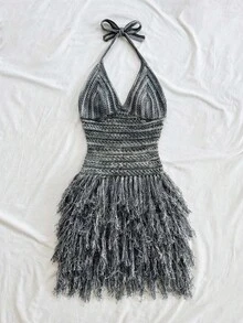 Soleia Đầm ngắn cổ yếm chữ V viền tua rua phong cách retro dành cho nữ, thích hợp cho du lịch biển, kỳ nghỉ, hẹn hò, tiệc trà chiều, tiệc tùng. - Xám - Xem 4