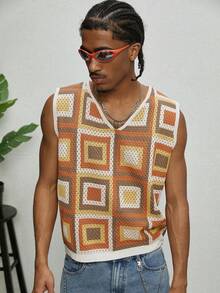 GALLERY FADE Chaleco de punto con patrón geométrico casual de vacaciones para hombres - Naranja - Ver 5