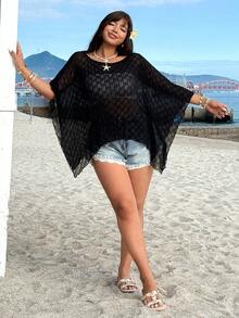 SHEIN EZwear Spring/Summer New Casual Versatile Poncho-Style Loose Knit Asymmetric Pullover Top, Suitable For Outings, Parties, Music Festivals, Back To School, Graduation, Vacation, Weddings, Streetwear, Exploring, City Walks, Plus Size Women, Summer Tops - Black - View 3