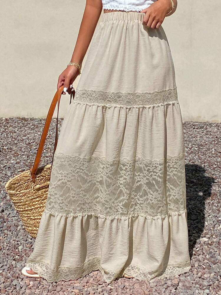 Women's Vacation Casual Solid Color Lace Patchwork Skirt Summer