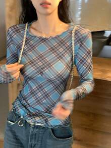 DAZY 春夏撞色拼接格子休闲街头风商务办公女式短袖T恤 - 藍色 - 查看 6