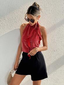 SHEIN Franclia 女士休闲荷叶边花卉装饰吊带衫，日常百搭 - 紅色 - 查看 7