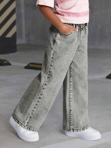 Young Girls' Versatile Casual Washed Straight-Leg Jeans - Grey - View 5