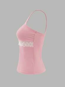 Glimmora 女士蝴蝶结装饰撞色蕾丝粗肩带上衣 - 粉色 - 查看 4