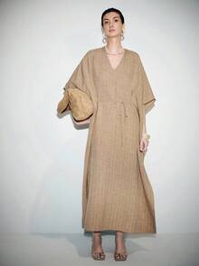 Lumivelle Women's Spring/Summer Fashion Long Dress, High-End Unique Linen Cotton Striped V-Neck Dress - Khaki - View 6