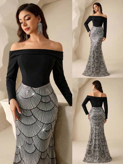 Coutiva Women's Off-Shoulder Long Sleeve Twisted Yarn Patchwork Beaded Mesh Formal Evening Gown (Heavily Embellished) Elegant Sequin Embellished Long Sleeve Dress, High-End Formal Gown For Banquet Women's Formal Evening Dress Gown (Heavy Embroidery) Women Rhinestone Embellished Sheer Black Long Evening Gown, Wedding Guest Dress, Elegant Evening Dress, Prom Dress, For Wedding Dress Waist And Chest Slimming, Party Dress, Formal Dress Women Evening Dress Elegant Mermaid Dress Women Gala Dress Elegant Gala Evening Gown Curve Formal Evening Gown