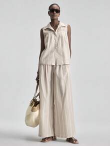 Ontre Women's Striped Single-Breasted Vest Shirt And Pants Casual 2 Pieces Set Women S Summer Co Ord New In Women Clothing - Apricot - View 2