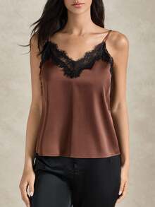 Briarwyn 2026 New Arrive Women's Contrast Color Lace Patchwork Spaghetti Strap Sleeveless Elegant Tank Top, Summer,Satin,Brown - Coffee Brown - View 4