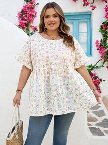 SHEIN CURVE+ Curve 尺码 US22 音乐节、海滨度假、波西米亚风女士时尚宽松圆领蕾丝袖花卉刺绣衬衫 - 彩色 - 查看 7