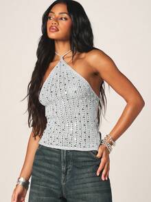 MISSGUIDED 亮片露背钩针吊带背心，饰有金属装饰，适合夏季海滩度假和节日穿着 - 灰色 - 查看 1