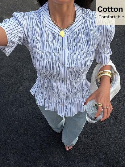 Siren Gaze Women's Short Puff Sleeve Single-Breasted Blue And White Striped Blouse