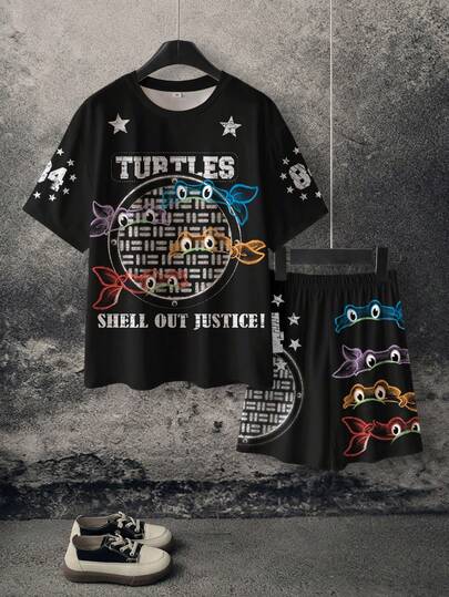 TEENAGE MUTANT NINJA TURTLES | SHEIN Tween Boy Round Neck Letter & Pentagram Print Short Sleeve T-Shirt And Shorts Casual Daily Outfit