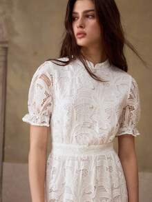 MOTF PREMIUM 2026 SUMMER WOMEN'S JACQUARD EMBROIDERED HOLLOW-OUT WAIST CINCHED DRESS - White - View 4