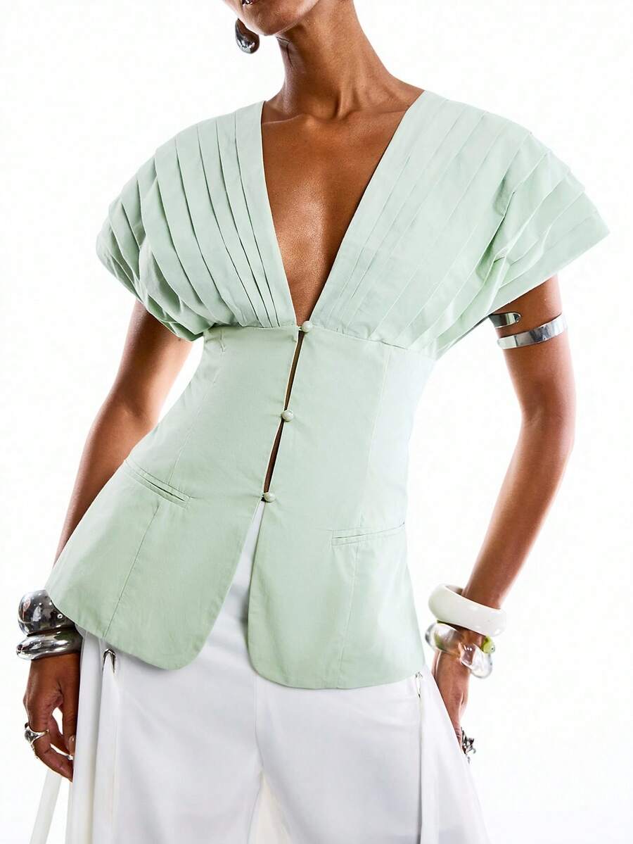 LYSMO 2026 New Arrive Minimalism Spring/Summer Women's Pleated Waist Cap Sleeve Blouse - Mint Green - View 1