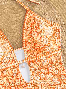 Swim Mod 2026新款女士夏季沙滩度假蓝白图案印花吊带露背性感高衩连体泳衣 - 橘色 - 查看 4