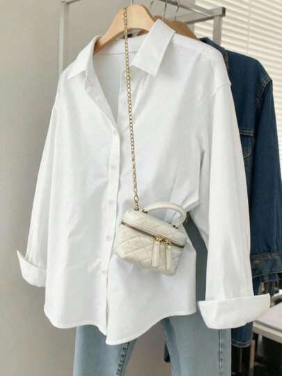 SHEIN Genkimix Kids 少女休闲时尚翻领衬衫，纽扣门襟，实用宽松版型，舒适柔软，百搭实用，适合春秋夏季节穿着，可用于日常穿着、通勤、户外活动、运动、上学、街头穿搭、聚会和摄影等场合。