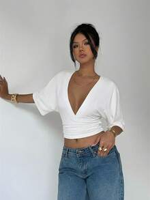 Aloruh Summer New Casual Elegant Batwing Sleeve White Cropped V-Neck Ruched Slim T-Shirt, Shirt, Avant-Garde Y2K T-Shirt Outfit Holiday Outfit Vacation Look Beach Everyday Occasion Outfit Womens Outfit Trending Outfit - White - View 7