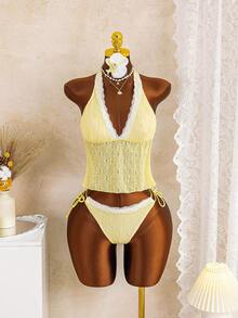 Swim Mod 女士沙滩音乐节春夏蕾丝荷叶边黄色侧系带裹身上衣可爱风格束腰套装 - 黃色 - 查看 3